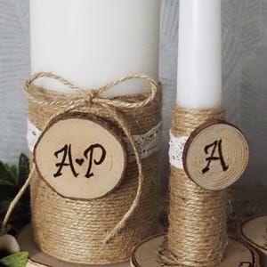 Personalized Rustic Unity Candle Set: Twine & Wood Slice Initials - Etsy