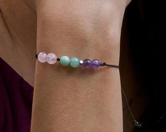 Napoolo Set Di 2 Bracciali In Pietre Naturali Donna: Ametista E Quarzo Rosa, 8mm, Fatto A Mano, Marchio Francese