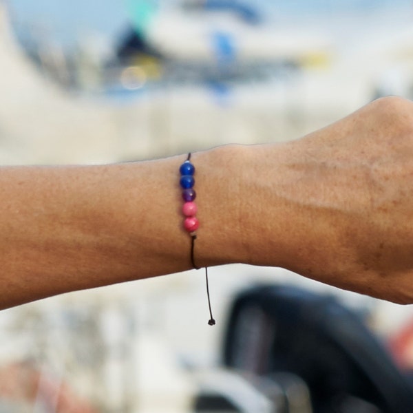 Bracelet fait main aux couleurs du drapeau de la communauté Bisexuelle, cadeau pour les personnes Bisexuelles, Bracelet réglable avec pierres d'agate naturelles.