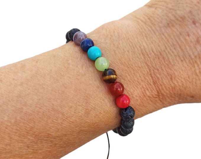 Adjustable 7 chakra thread bracelet with natural stones and black volcanic stones for him or her. Unique handmade gift