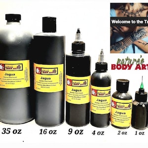 May include: Various sizes of Jagua temporary tattoo ink bottles, ranging from 20 ml to 35 oz. The bottles are black with yellow labels and the text "Jagua" and "nature's BODY ART". The image includes the text "Welcome to the Tribe".