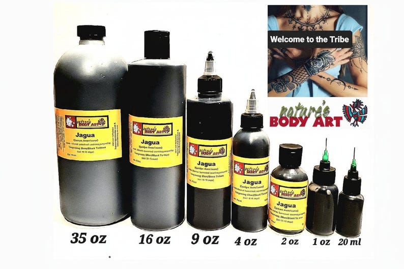 May include: Various sizes of Jagua temporary tattoo ink bottles, ranging from 20 ml to 35 oz. The bottles are black with yellow labels and the text "Jagua" and "nature's BODY ART". The image includes the text "Welcome to the Tribe".