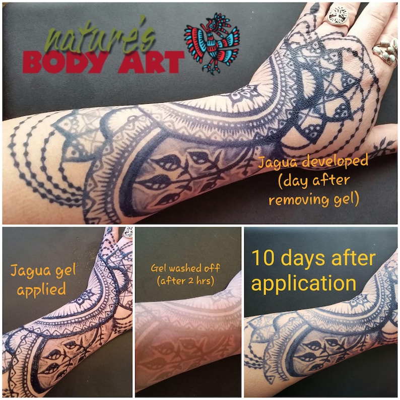 May include: A series of images showing the application and development of Jagua body art. The images display intricate black henna-style designs on an arm and hand, with text indicating stages: gel applied, gel washed off, developed, and 10 days after application.