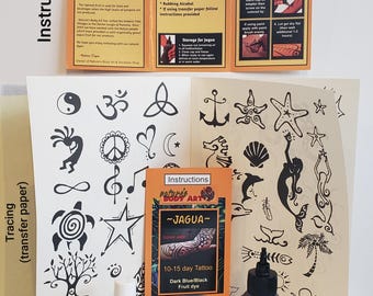 May include: A collection of temporary tattoo supplies, including a booklet with over 100 designs, tracing paper, Jagua gel, aftercare balm, detailing tips, and instructions. The kit features dark blue/black fruit dye for 10-15 day tattoos.