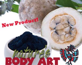 May include: An image featuring a white bowl filled with dark blue powder, alongside a halved white fruit with a seed-filled center. A whole, textured fruit is in the background. The text "New Product!" and "natures BODY ART" are also visible.