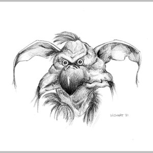 Puede incluir: Un dibujo a lápiz en blanco y negro de una criatura con orejas grandes, un pico y una expresión feroz. El dibujo está firmado "WISHART '21".