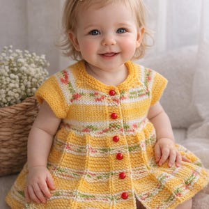 May include: A yellow knitted baby dress with red buttons and a floral pattern. The dress has short sleeves and a round neckline. The baby is wearing white socks and a white bow in their hair.