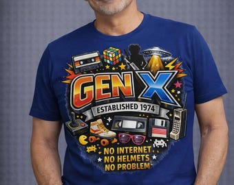 Gen X Established 1974 Retro T-Shirt, No Internet, Helmets, Problem