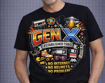 Gen X Established 1980 Retro T-Shirt, No Internet, Helmets, Problem Free