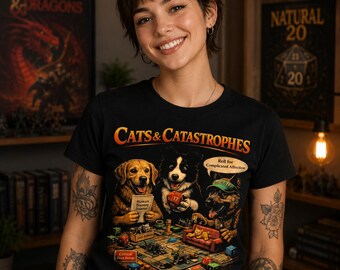 Camiseta de gatos y catástrofes, camiseta divertida de parodia de juego de rol para dueños de mascotas, regalo para jugadores de juegos de mesa