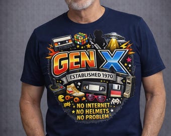 Gen X Established 1970 Retro Graphic T-Shirt, No Internet, Helmets, Problem