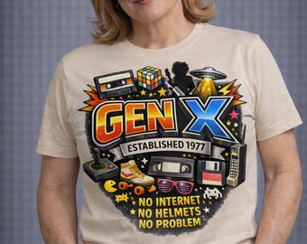 Gen X Established 1977 T-Shirt, Retro 80s Icons, No Internet No Problem