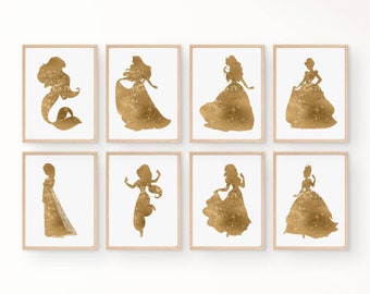 Gold Princess, Set of 8, Princess wall art, Princess Nursery, Princess room, Little girls room, Princess décor, Princess Gift