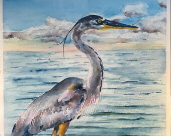 Great Blue Heron Watercolor Painting. Original art on paper. 16” x 12”. One of a kind hand painted