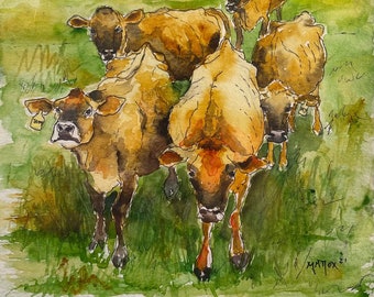 Dairy cow landscape watercolor painting 9”x6”. One of a kind hand painted watercolor.
