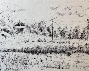 Original art work, pen and ink drawing.  Hand drawn plein air drawing of an Indiana barn and country side scene.