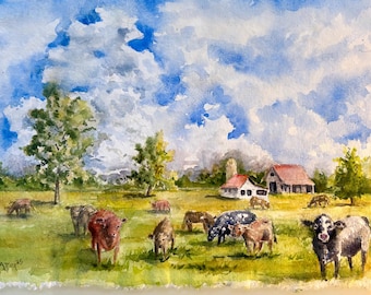 Beautiful original watercolor of Midwest farm scene with clouds and cows. Hand painted with quality watercolor paints on watercolor paper.
