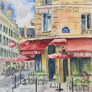 May include: A watercolor painting of a Parisian cafe with red awnings, green tables and chairs, and a sign that reads "Cafele Bex".