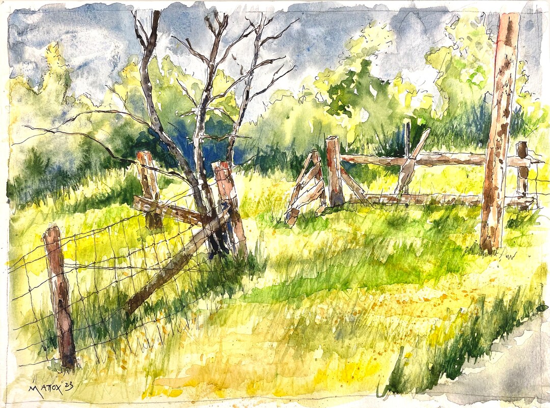 Rustic Landscape Watercolor Pen and Ink Painting Hand Painted Artwork ...