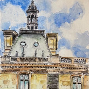 Water color pen and ink original painting of the Louvre in Paris France