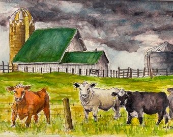 Beautiful original watercolor/pen & ink Of Midwest farm scene. Hand painted with quality watercolor paints on watercolor paper.