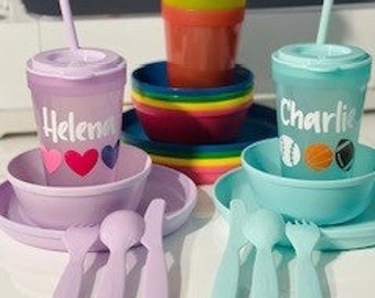 Children's Dish Set; Cup Personalized; Kids Dishes; Hearts; Sports; Girls and Boys; Kid's Gift Set; Baby Shower Gift; 6 Colors