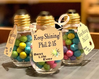 8 Keep Shining! Fillable Lightbulb Favors; JW gifts; Pioneer gifts; Best Life Ever; Lightbulb favors; 8 Bulbs with Tags; Pioneer School Gift