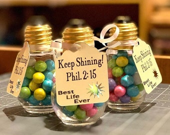 8 Keep Shining! Fillable Lightbulb Favors; JW gifts; Pioneer gifts; Best Life Ever; Lightbulb favors; Bulbs with Tags; Pioneer School Gift