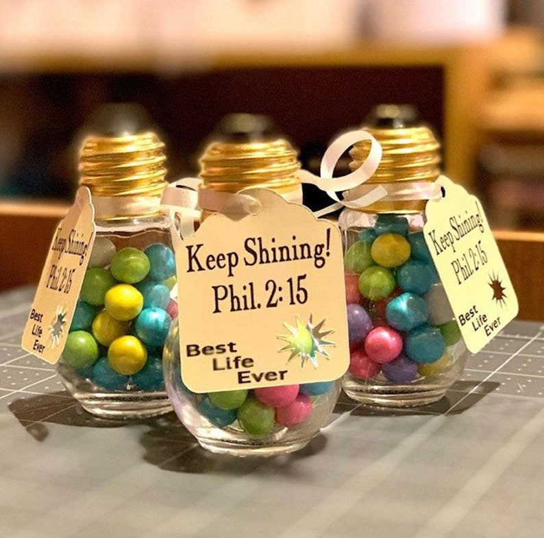 8 Keep Shining Fillable Lightbulb Favors JW gifts Pioneer gifts Best Life Ever Lightbulb favors 8 Bulbs with Tags Pioneer School Gift image 1