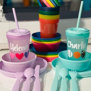 Children&#39;s Dish Set; Cup Personalized; Kids Dishes; Hearts; Sports; Girls and Boys; Kid&#39;s Gift Set; Baby Shower Gift; 6 Colors