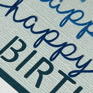 This happy birthday card svg can be customized with any colors you like.  The word birthday is cut out of the top layer to make putting this card together easy!