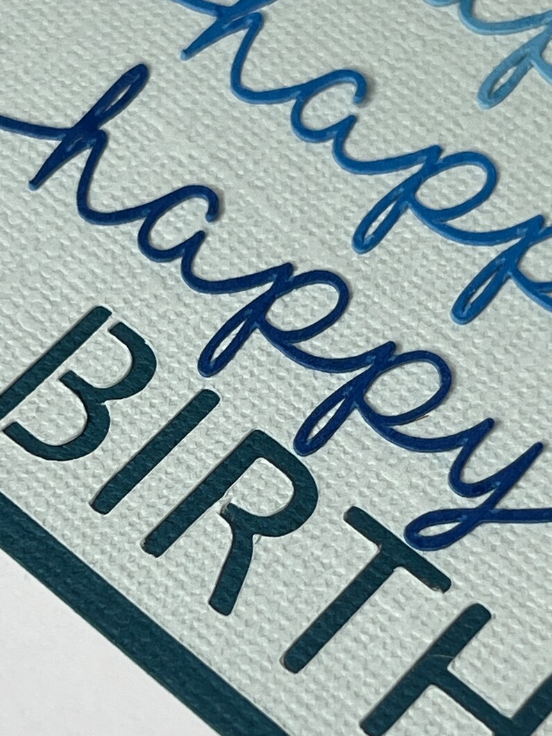 This happy birthday card svg can be customized with any colors you like.  The word birthday is cut out of the top layer to make putting this card together easy!