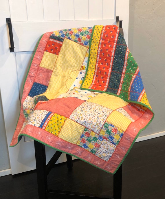 Vintage patchwork, Baby Quilt, Unique, Primary colors, Throw back, Toddler quilt, 70s