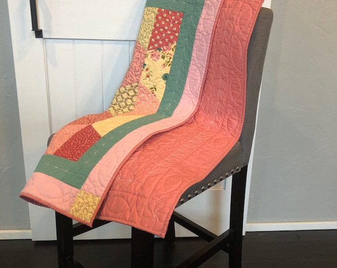 Featured listing image: Elegant Sage & Pink Floral Baby Quilt - Custom Free Motion Quilting - Hand Sewn Binding