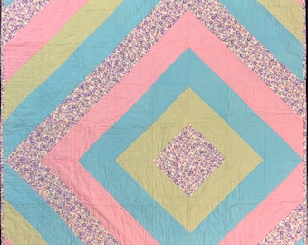 Whimsical Floral Geometric Baby Quilt - Pink, Blue, Purple, Green - Handmade - 39x39 inches
