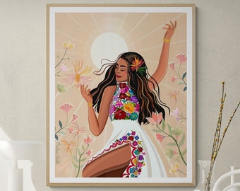 May include: A digital illustration of a woman with long dark hair wearing a white dress with colorful embroidery. She is dancing in a field of flowers with a bright sun shining in the background.