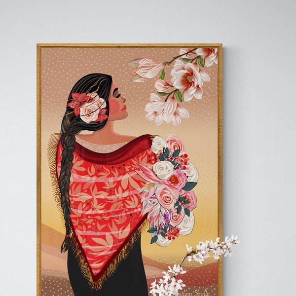 Such a moment part 2 - spring time with magnolia, Wall Hanging poster, decor, mexico latin spanish girl with braid flowers shawl portrait,