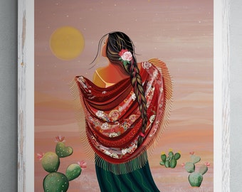 美しい意図で明るく輝く – 花のショールを持つメキシコ ラテン スペインの女の子、自然をイメージした家の壁の装飾、赤面の砂漠