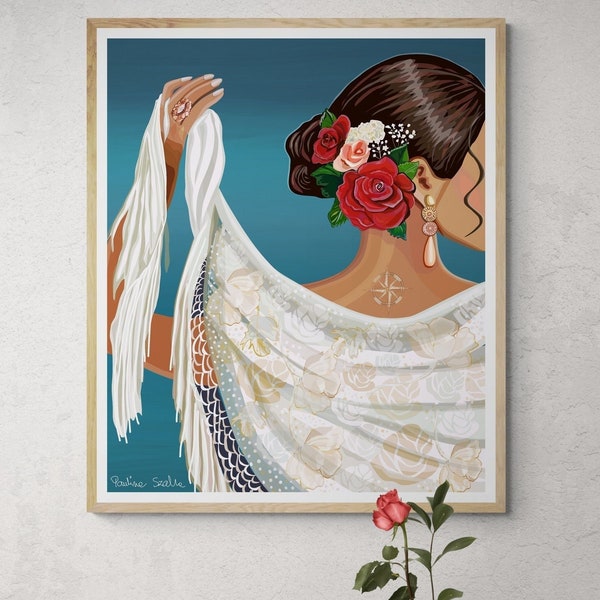 Flamenco Woman Poster, Hispanic Woman Art,Spanish Dancer Illustration, Latino Folk Art Prints, Woman with red roses Wall Hanging poster