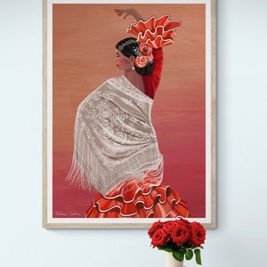 Flamenco Woman Painting,Spanish Dancer Illustration, Latino Folk Art Prints, Hispanic Woman Art, Woman with shawl Wall Hanging poster