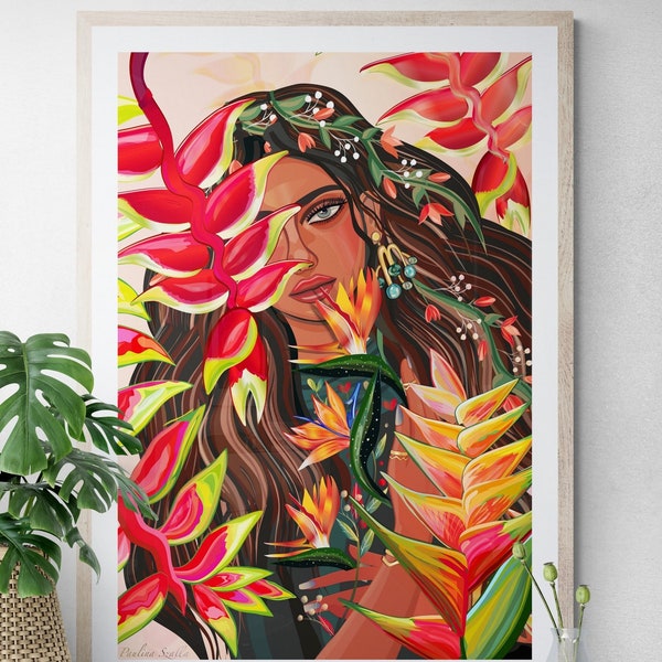 Delight over tropical flora, women in paradise garden Wall Hanging poster, heliconia plant gift decor wall, strelitzia poster decor, bloomed