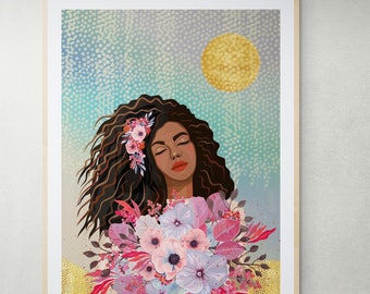 May include: A framed art print featuring a woman with dark curly hair adorned with flowers, holding a bouquet of pink, purple, and white flowers. The background has a blue and gold color scheme with a golden sun. The artist's name, Paulina Szalla, is visible.