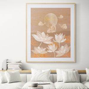 A day with the water lily Art Print, White Flowers Hanging Wall Poster, White flowers Wall Decor Gift, Butterflies Art Print,Dreamy Moon Art