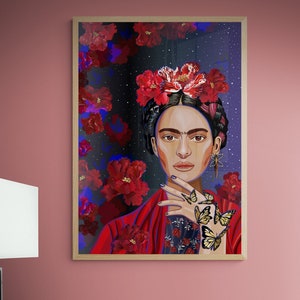 May include: A digital painting of Frida Kahlo with a crown of red flowers and butterflies on her hand against a dark blue background with white stars.