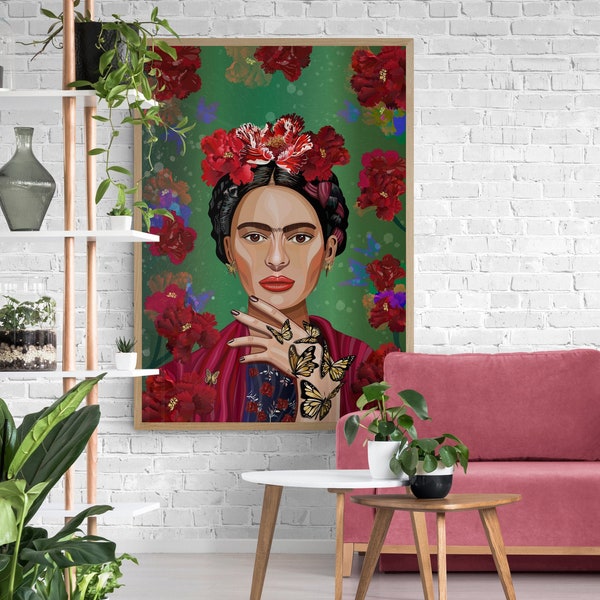 Frida und Pfingstrosen – Frida Kahlo Posterdruck – Wandkunst – Frida Kahlo Ausstellungsposter – feministisches Kunstwerk – minimalistischer Druck – Hängeposter