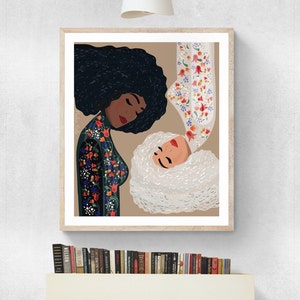 May include: A digital illustration of two women with their heads tilted together. One woman has dark skin and black hair, and the other woman has light skin and white hair. Both women are wearing floral patterns.