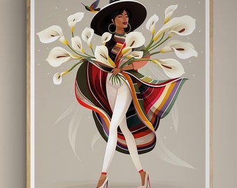 May include: Art print of a woman in a colourful poncho and white trousers, holding white calla lilies. She wears a black hat and red-heeled shoes. A hummingbird hovers nearby. The artwork is framed in light wood.