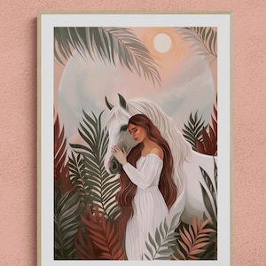 Donna di colori con cavallo bianco e luce, decorazione da parete ispirata all'arte folkloristica americana Boho, stampa di cavalli, arte country, regalo di inaugurazione della casa con animali.