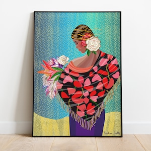 Such a moment - Wall Hanging poster, mexico latin spanish girl with flower shawl portrait wall art
