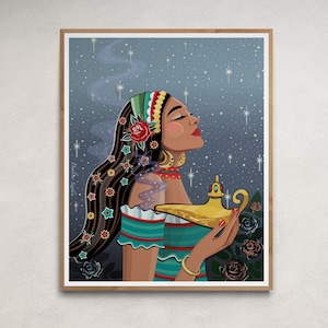 Momento de deseo, - mujer latina española de México con lámpara mágica, decoración inspirada de la pared del hogar, arte de México, regalo para ella, regalo para él